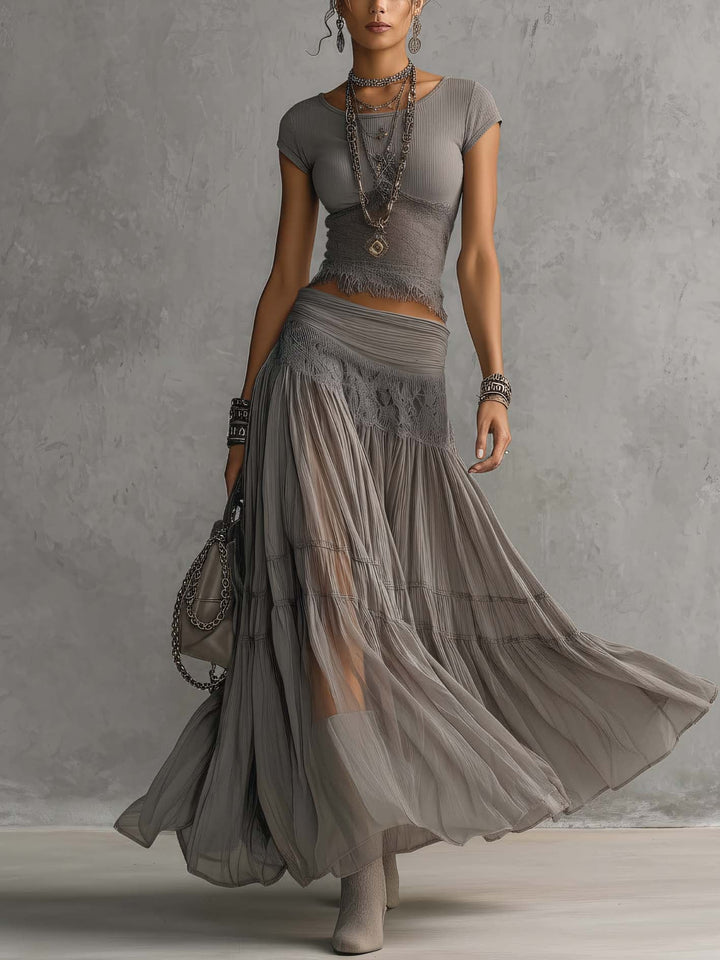 Serelle™ Lace Top & Pleated Maxi Skirt Set