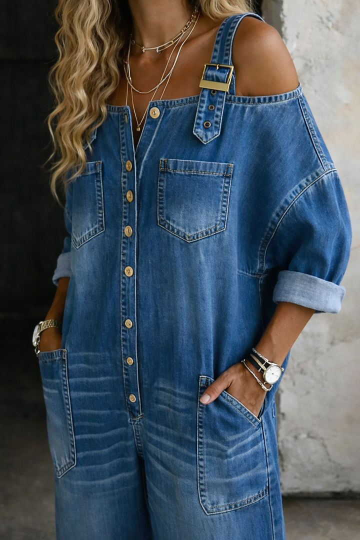 Avery™ Off-Shoulder Denim Jumpsuit